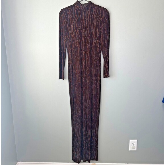 Vtg En Francais by Huey Waltzer Brown Long Sleeve Mock Neck Maxi Gown Women Sz 2 - Picture 2 of 7